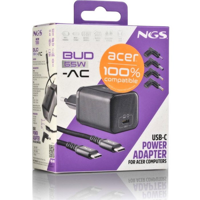 CARGADOR PARED GaN + CABLE 1.5 M USB-C + 4 CLAVIJAS ACER 65W NEGRO NGS